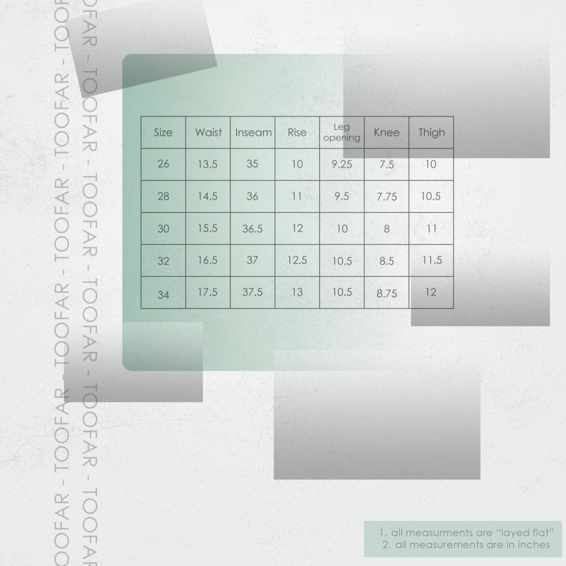 Measurement chart for pants with size, waist, inseam, rise, leg opening, knee, and thigh measurements on a gray background.